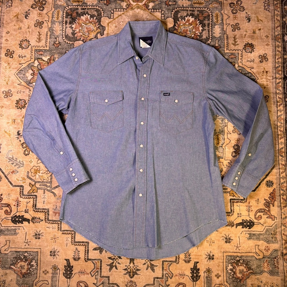 Vintage Wrangler Mens Blue Chambray Western Snap Front Shirt Large Cotton Cowboy